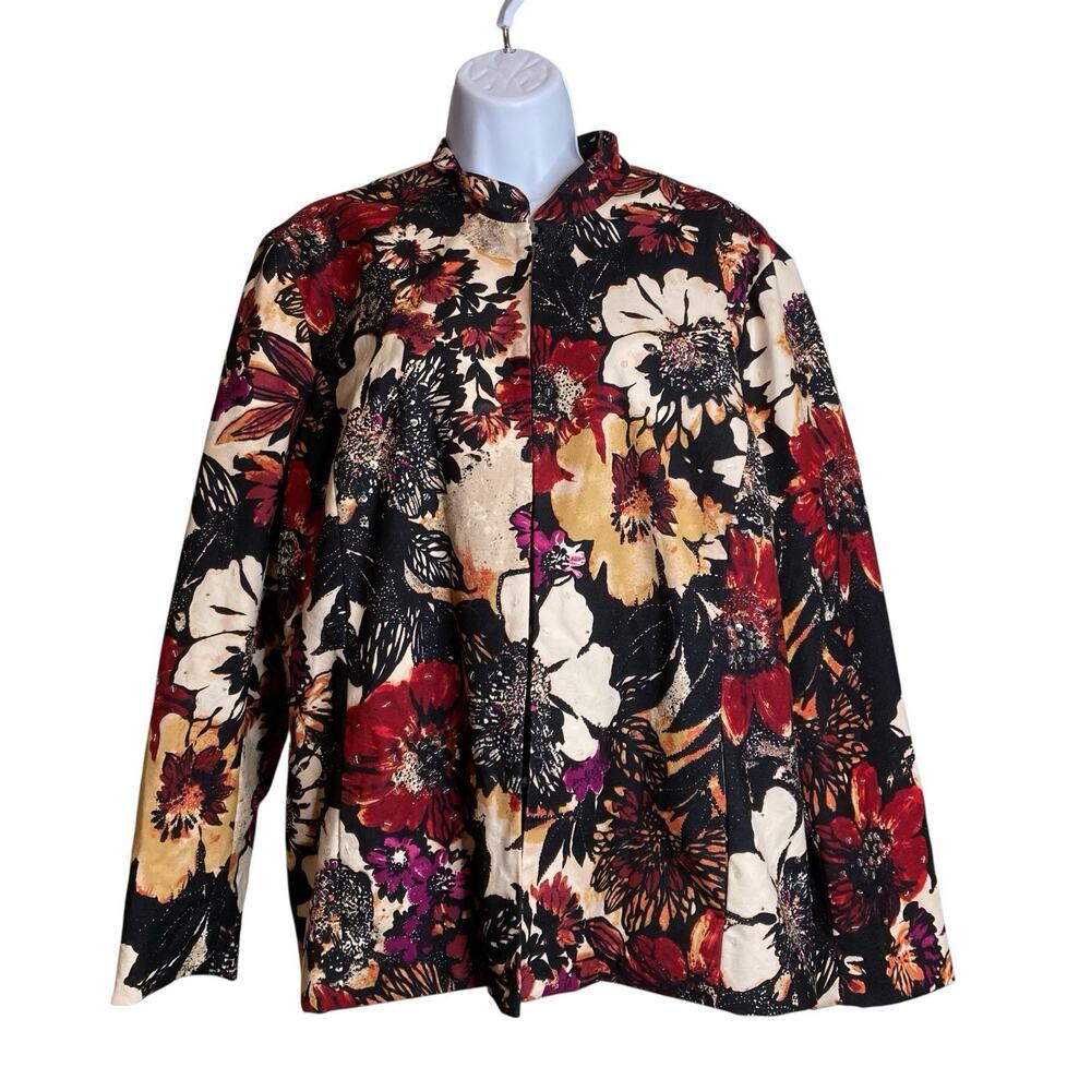 Chico's Floral Printed Button-Front Jacket in Black, Red, Cream, Gold